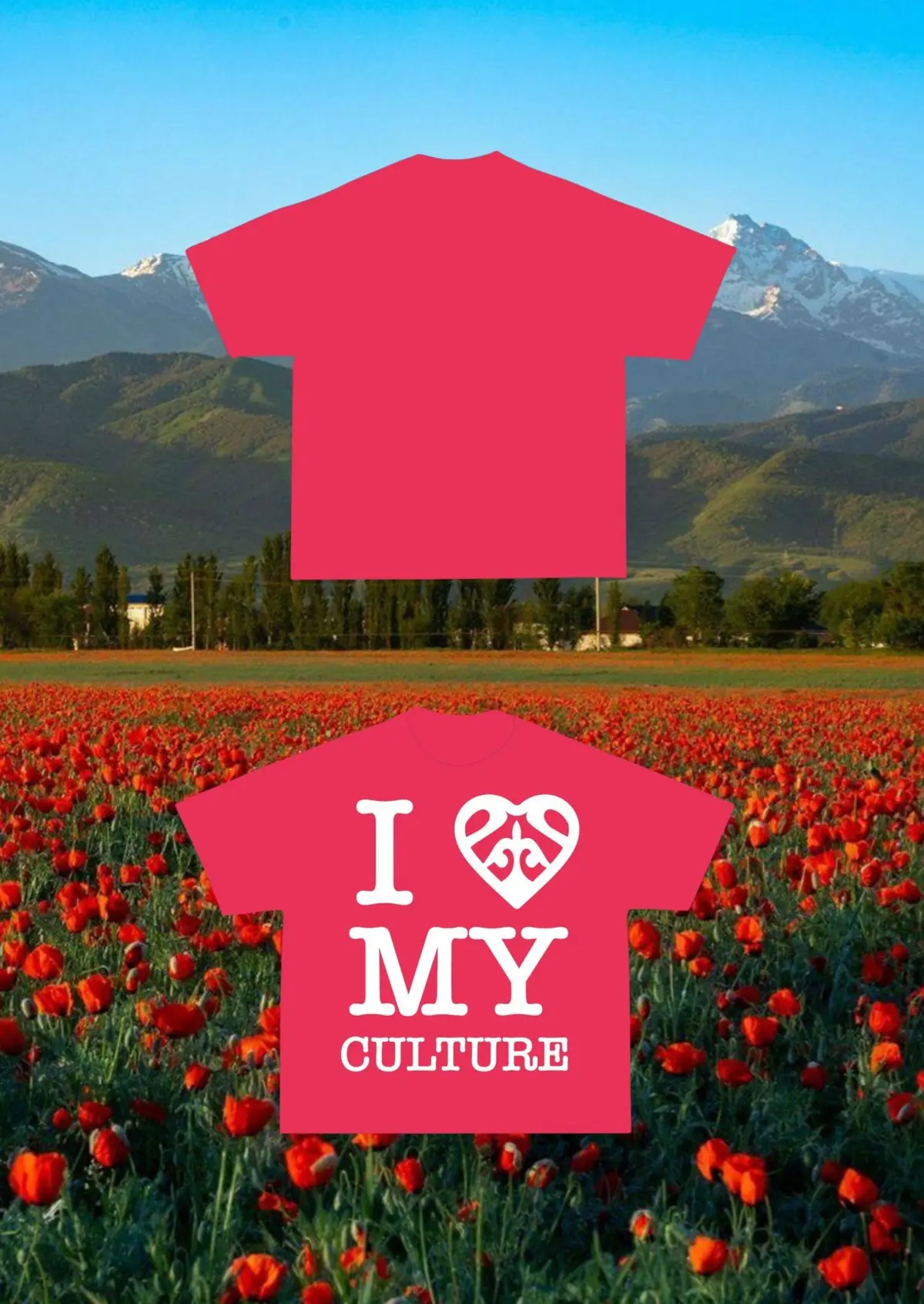 Red My Culture T-shirt shown against Almaty mountains and red flowers