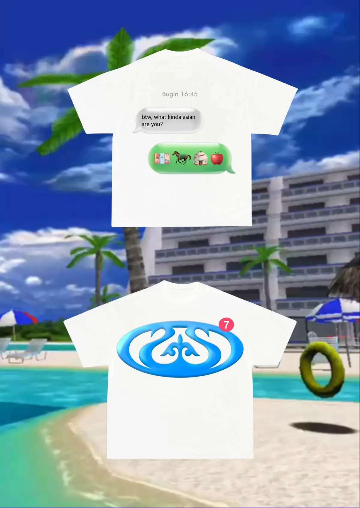 iOS Message T-shirt artwork by a bright blue pool